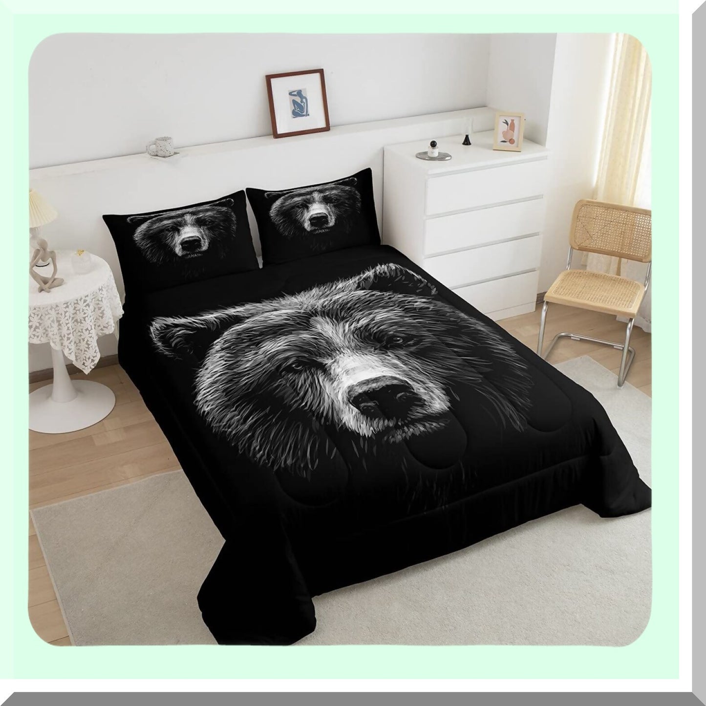 Fierce Bear 3D Queen Comforter Set - Black Animal Theme Duvet Insert for Women - Quilted Bedding Comforters for Bedroom Decor - 3 Piece Set