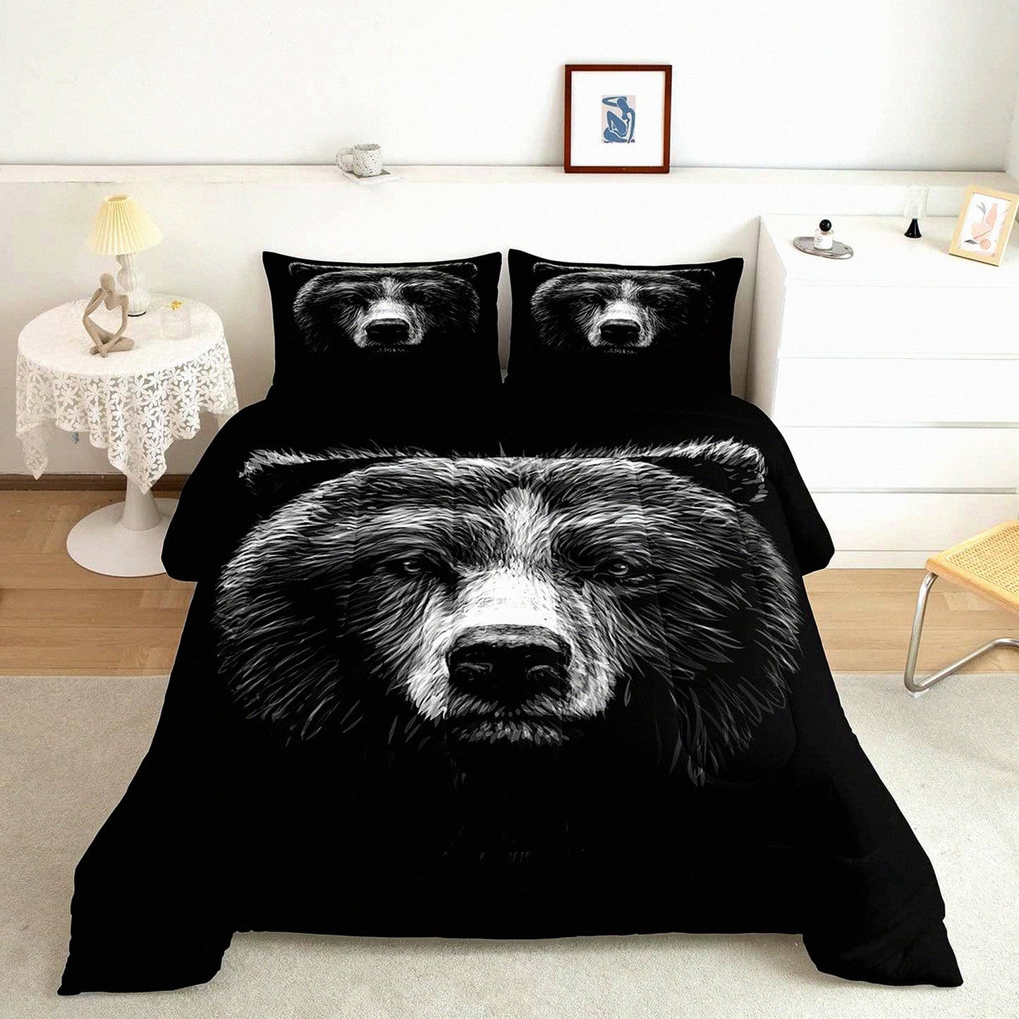 Fierce Bear 3D Queen Comforter Set - Black Animal Theme Duvet Insert for Women - Quilted Bedding Comforters for Bedroom Decor - 3 Piece Set