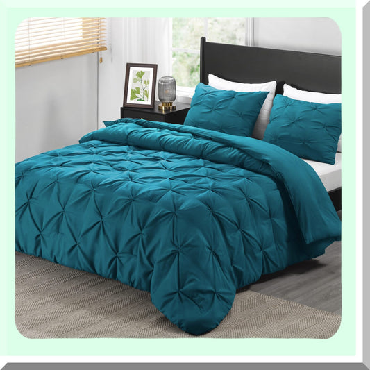 Crystal Teal Pintuck Comforter Set - 3-Piece Pinch Pleat Bedding with Pillow Shams - All Seasons Microfiber Down Alternative - Size Comforter Set