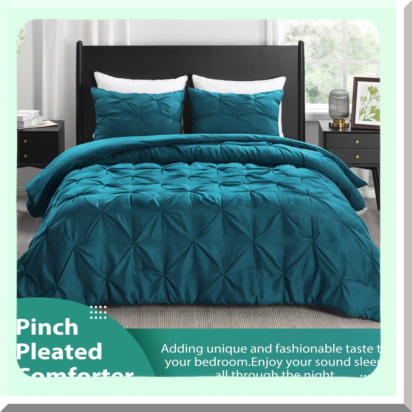 Crystal Teal Pintuck Comforter Set - 3-Piece Pinch Pleat Bedding with Pillow Shams - All Seasons Microfiber Down Alternative - Size Comforter Set