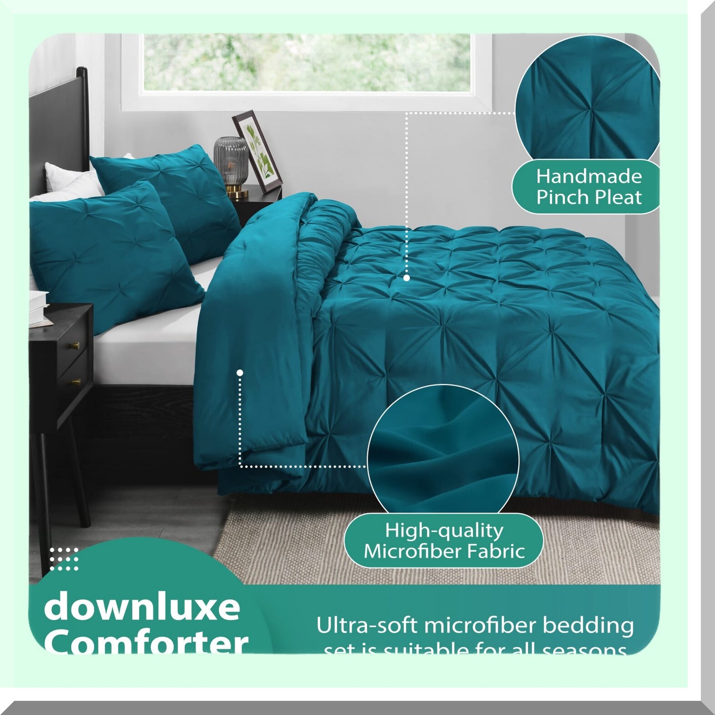 Crystal Teal Pintuck Comforter Set - 3-Piece Pinch Pleat Bedding with Pillow Shams - All Seasons Microfiber Down Alternative - Size Comforter Set
