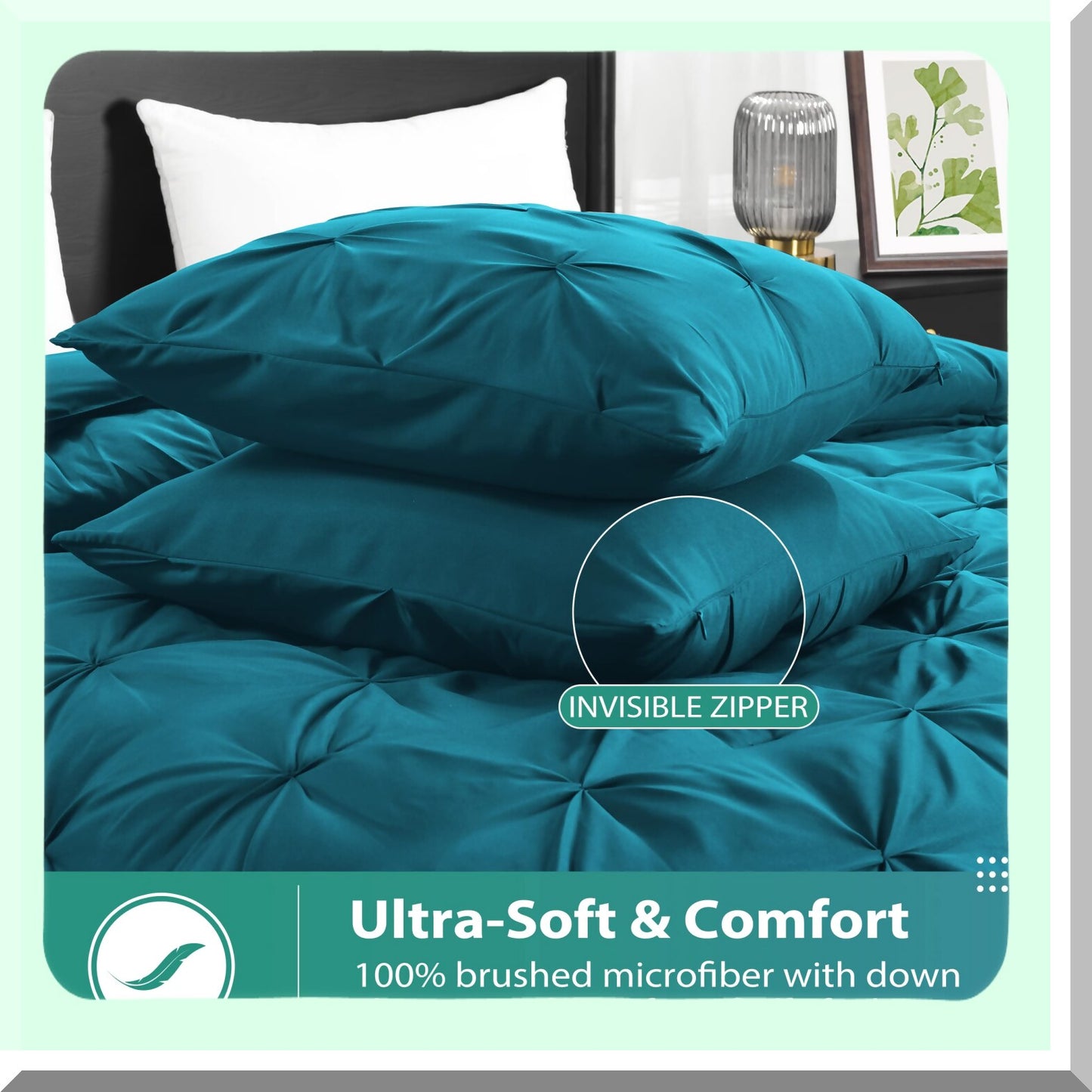 Crystal Teal Pintuck Comforter Set - 3-Piece Pinch Pleat Bedding with Pillow Shams - All Seasons Microfiber Down Alternative - Size Comforter Set