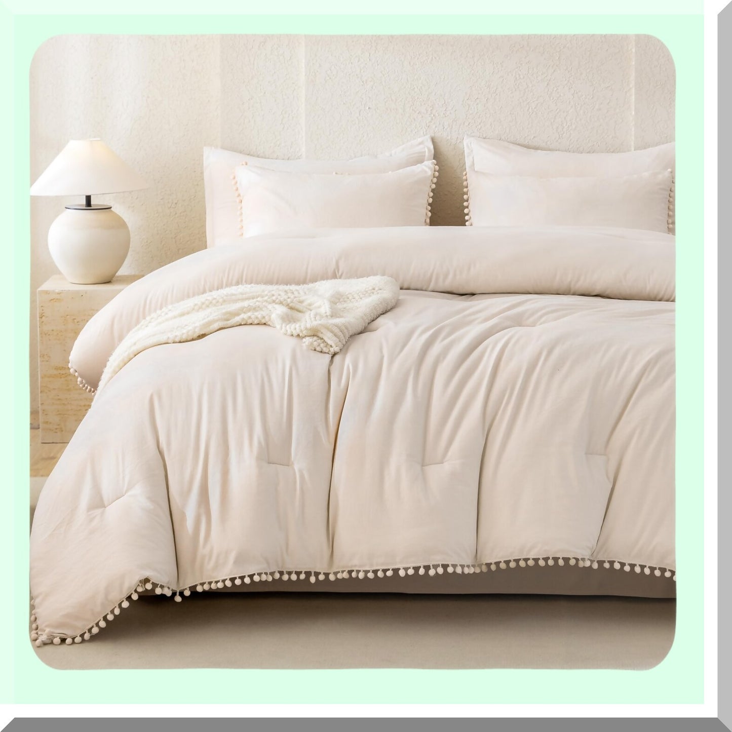 Boho Pom Pom Beige Comforter Set - Full Size 3 Piece Lightweight Bedding Set - Soft All Season Solid Color Comforter with Pillowcases - 79x90 Inch