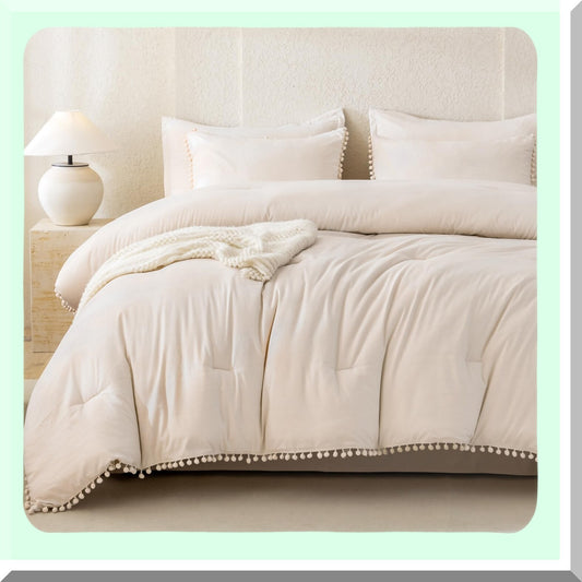 Boho Pom Pom Beige Comforter Set - Full Size 3 Piece Lightweight Bedding Set - Soft All Season Solid Color Comforter with Pillowcases - 79x90 Inch