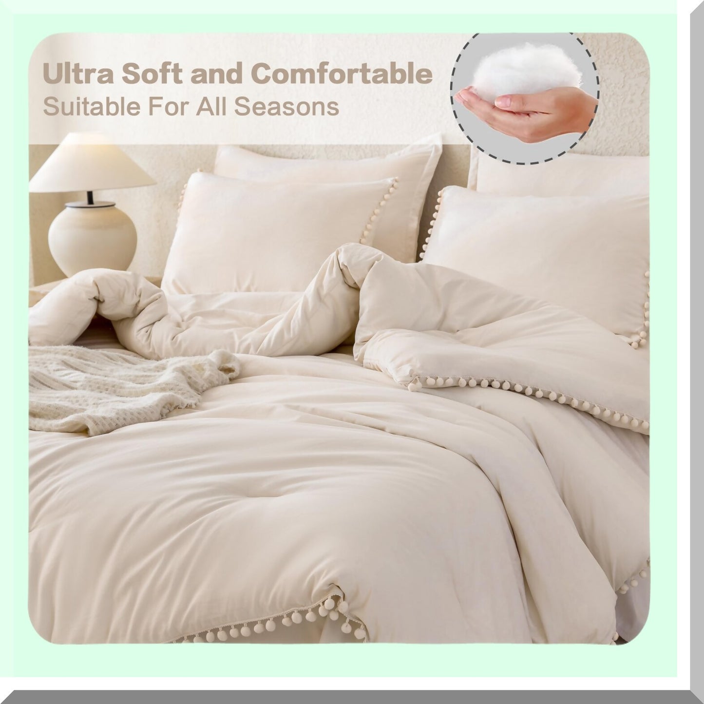 Boho Pom Pom Beige Comforter Set - Full Size 3 Piece Lightweight Bedding Set - Soft All Season Solid Color Comforter with Pillowcases - 79x90 Inch