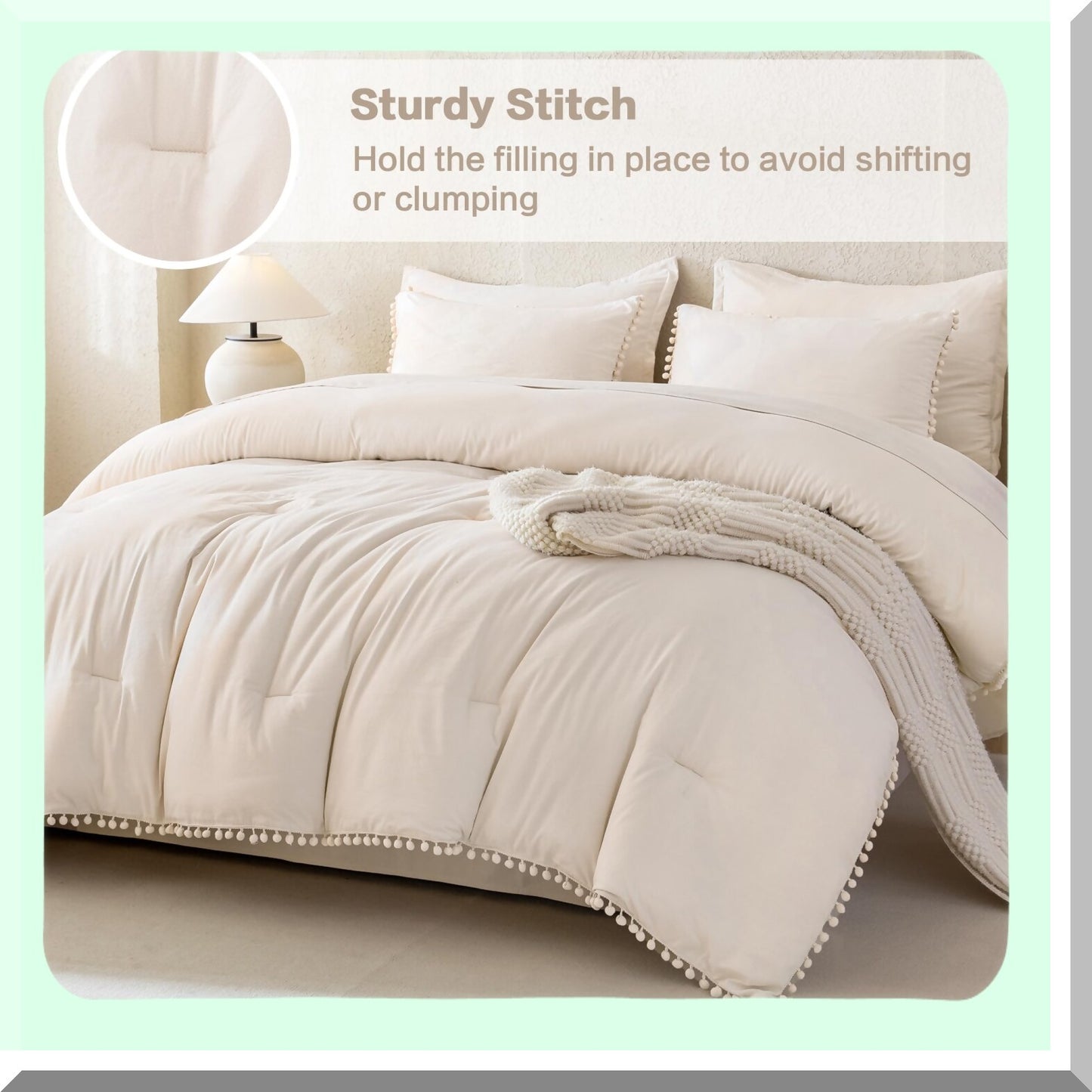Boho Pom Pom Beige Comforter Set - Full Size 3 Piece Lightweight Bedding Set - Soft All Season Solid Color Comforter with Pillowcases - 79x90 Inch