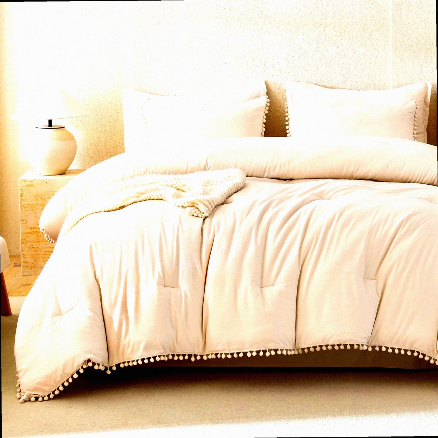 Boho Pom Pom Beige Comforter Set - Full Size 3 Piece Lightweight Bedding Set - Soft All Season Solid Color Comforter with Pillowcases - 79x90 Inch