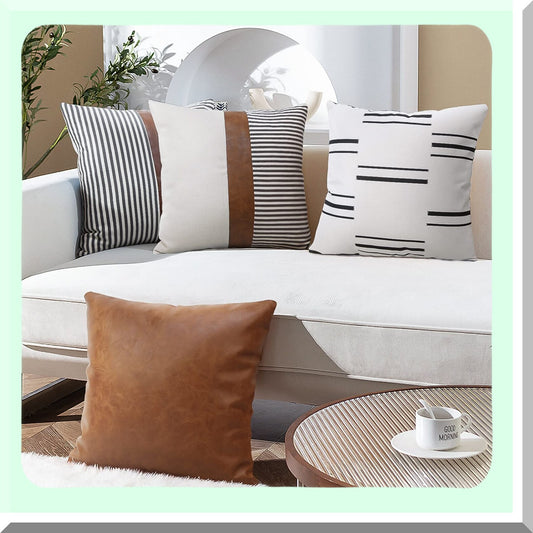 Boho Farmhouse Stripe Pillowcase Set - Modern Neutral Decorative Throw Pillow Covers 18x18 Inch Leather Case for Livingroom Bedroom (Set of 4)