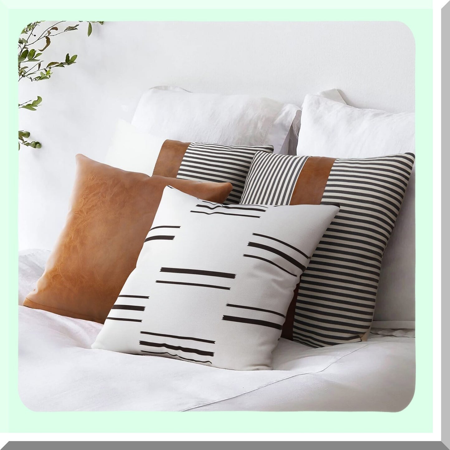 Boho Farmhouse Stripe Pillowcase Set - Modern Neutral Decorative Throw Pillow Covers 18x18 Inch Leather Case for Livingroom Bedroom (Set of 4)