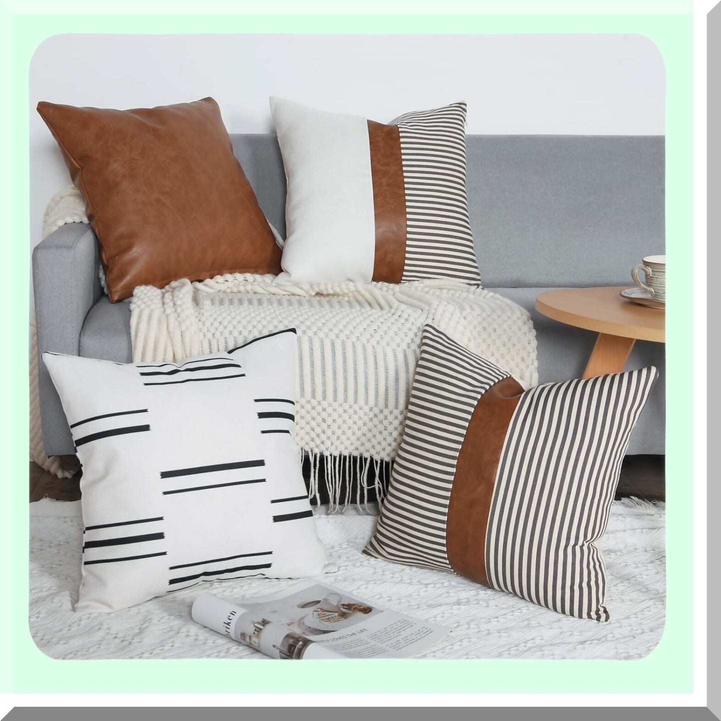 Boho Farmhouse Stripe Pillowcase Set - Modern Neutral Decorative Throw Pillow Covers 18x18 Inch Leather Case for Livingroom Bedroom (Set of 4)
