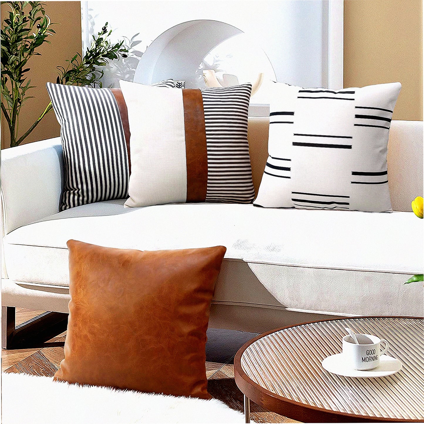 Boho Farmhouse Stripe Pillowcase Set - Modern Neutral Decorative Throw Pillow Covers 18x18 Inch Leather Case for Livingroom Bedroom (Set of 4)