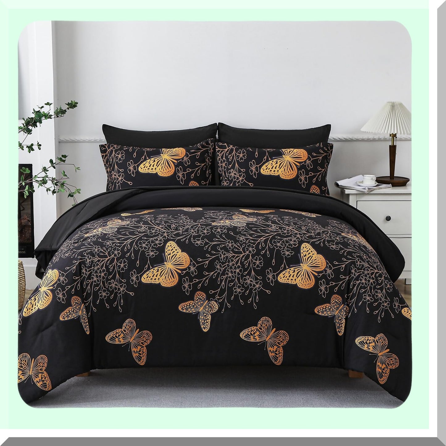 Butterfly Dreams 7-Piece Queen Size Comforter Set - Black & Gold Bedding with Reversible Design, Soft Microfiber, All Season Comfort - Includes Sheet Set