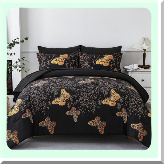 Butterfly Dreams 7-Piece Queen Size Comforter Set - Black & Gold Bedding with Reversible Design, Soft Microfiber, All Season Comfort - Includes Sheet Set