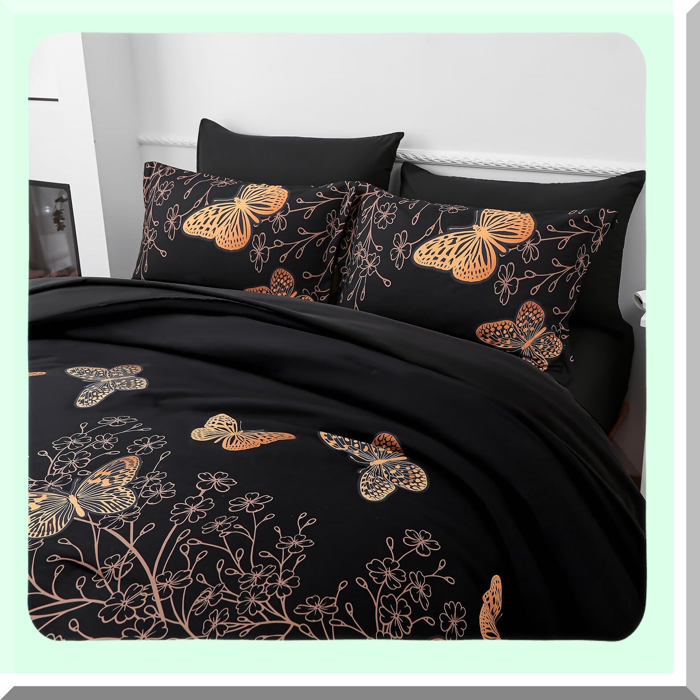 Butterfly Dreams 7-Piece Queen Size Comforter Set - Black & Gold Bedding with Reversible Design, Soft Microfiber, All Season Comfort - Includes Sheet Set
