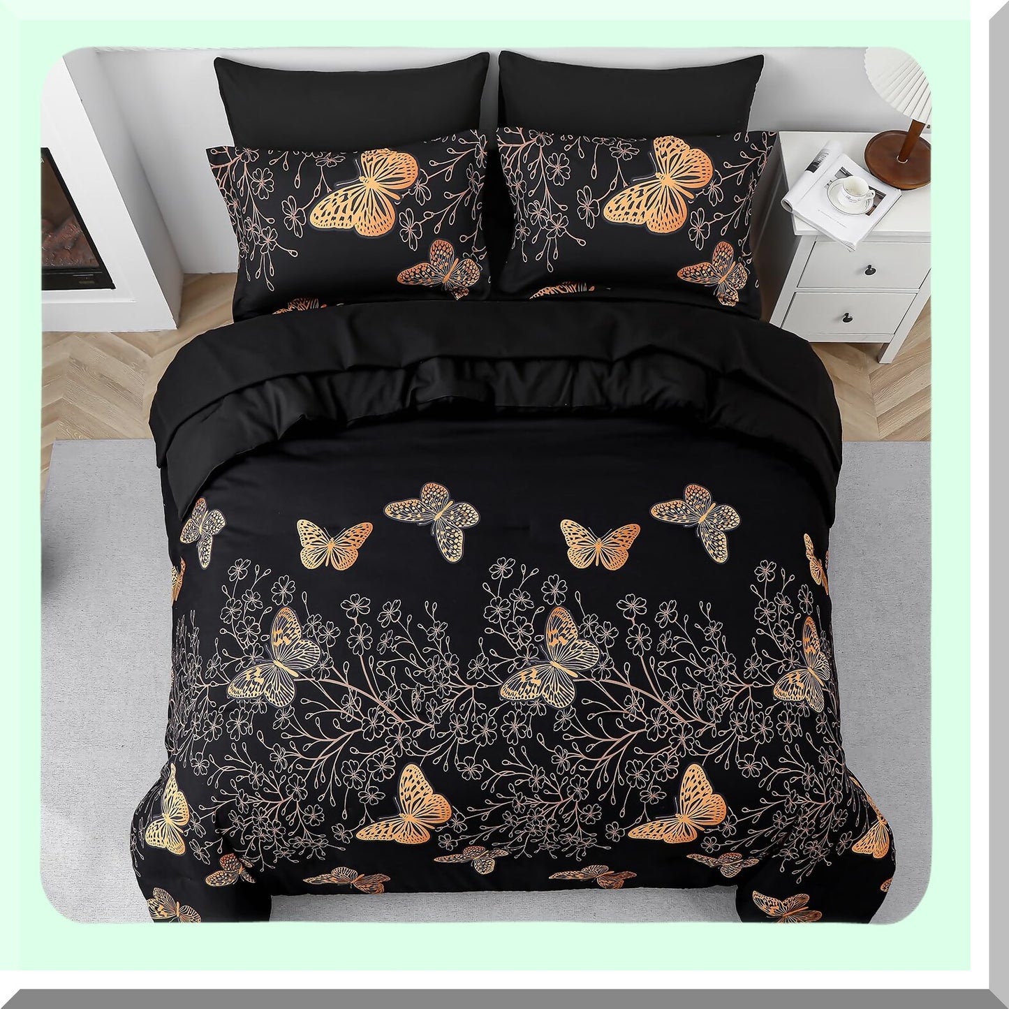 Butterfly Dreams 7-Piece Queen Size Comforter Set - Black & Gold Bedding with Reversible Design, Soft Microfiber, All Season Comfort - Includes Sheet Set