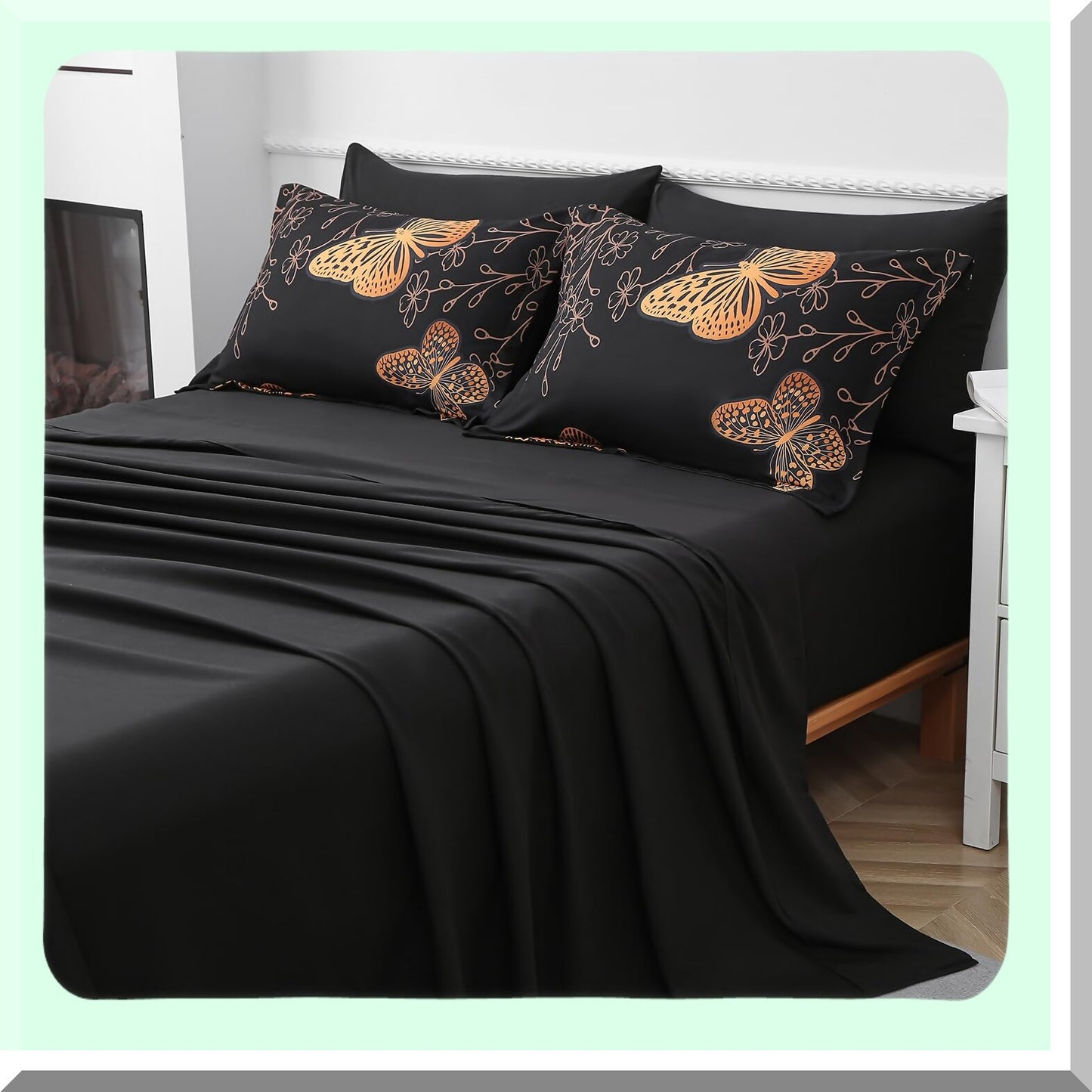Butterfly Dreams 7-Piece Queen Size Comforter Set - Black & Gold Bedding with Reversible Design, Soft Microfiber, All Season Comfort - Includes Sheet Set
