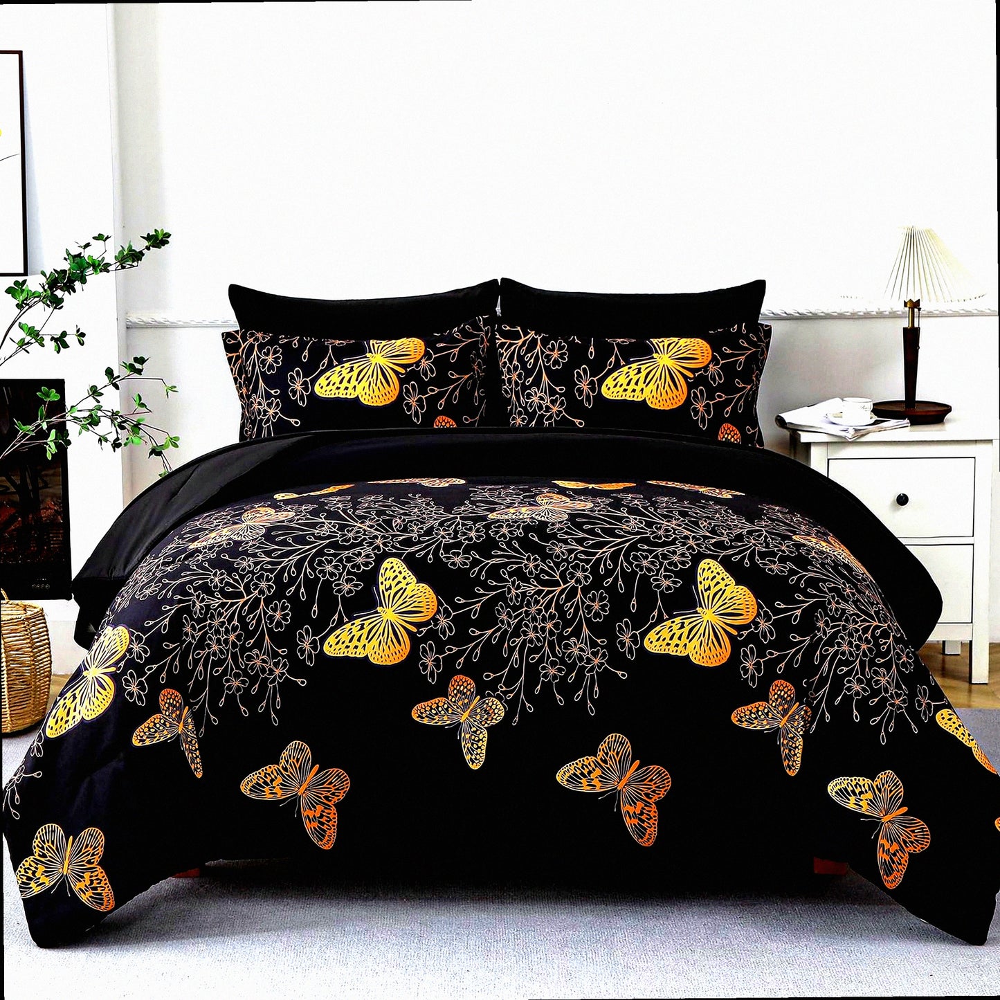 Butterfly Dreams 7-Piece Queen Size Comforter Set - Black & Gold Bedding with Reversible Design, Soft Microfiber, All Season Comfort - Includes Sheet Set