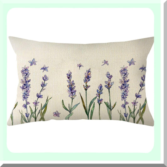 Lavender Bloom Watercolor Lumbar Pillow - Summer Floral Cushion Cover for Sofa - 12x20 Inch Decorative Throw Case