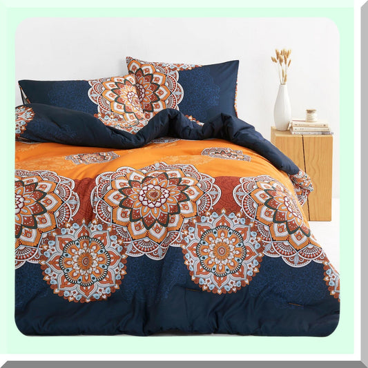 BohoFloral Medallion Comforter Set - Orange Navy Blue Chic Bedding, Soft Microfiber 3pcs, Queen Size - Cozy Bohemian Bedroom Decor