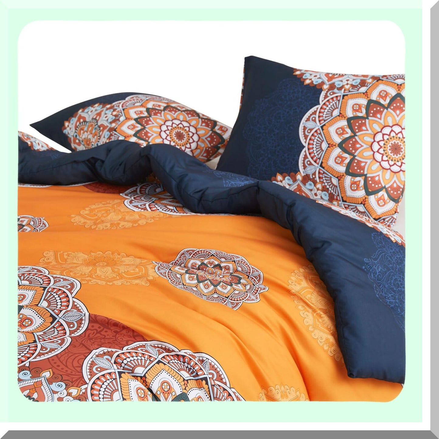 BohoFloral Medallion Comforter Set - Orange Navy Blue Chic Bedding, Soft Microfiber 3pcs, Queen Size - Cozy Bohemian Bedroom Decor