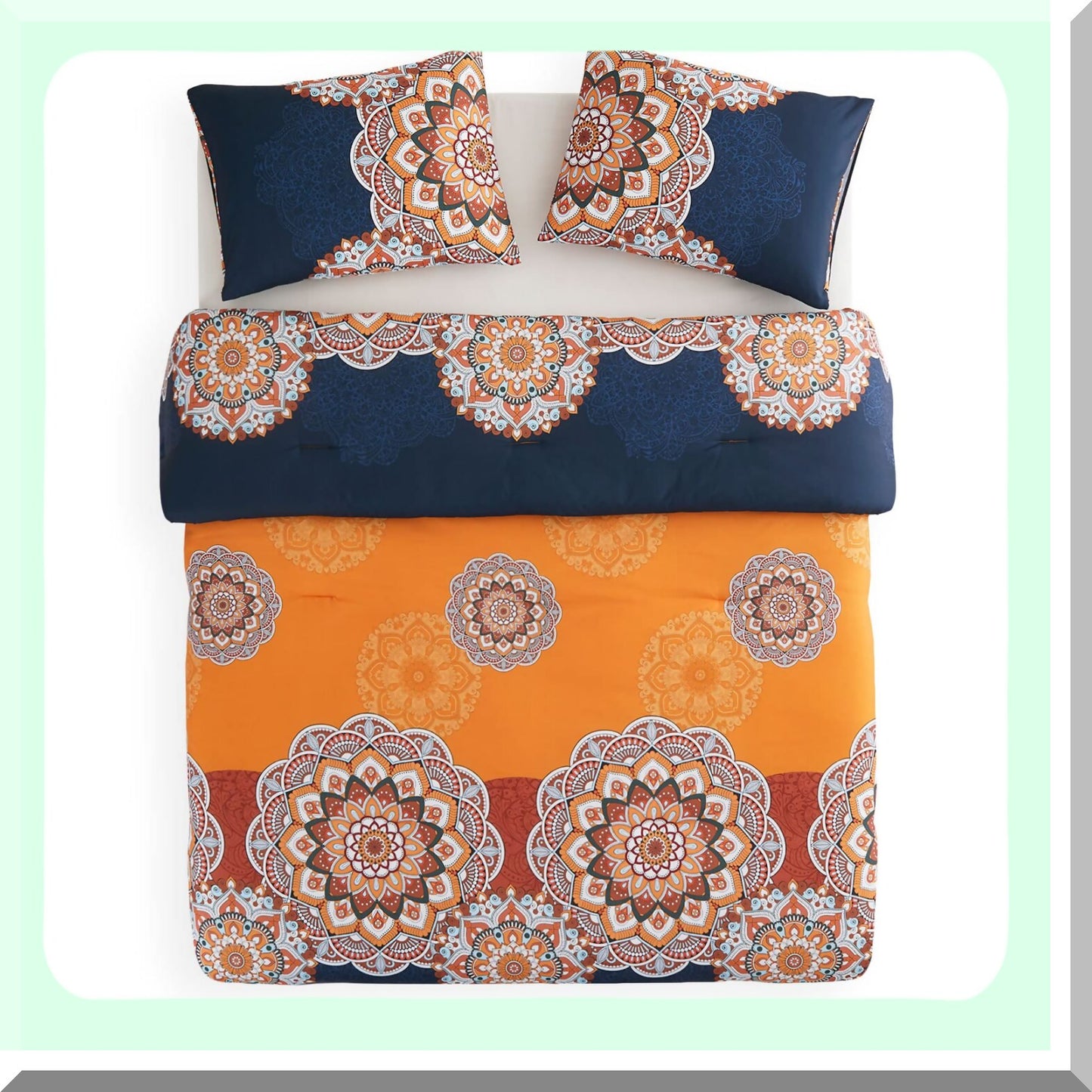 BohoFloral Medallion Comforter Set - Orange Navy Blue Chic Bedding, Soft Microfiber 3pcs, Queen Size - Cozy Bohemian Bedroom Decor