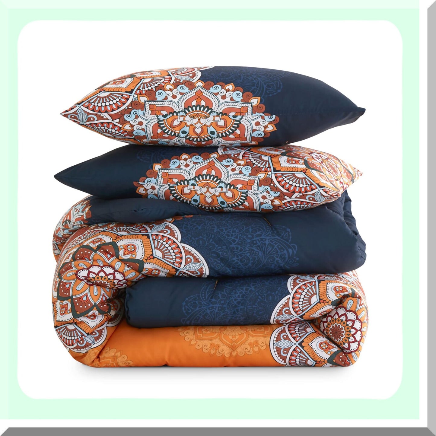 BohoFloral Medallion Comforter Set - Orange Navy Blue Chic Bedding, Soft Microfiber 3pcs, Queen Size - Cozy Bohemian Bedroom Decor