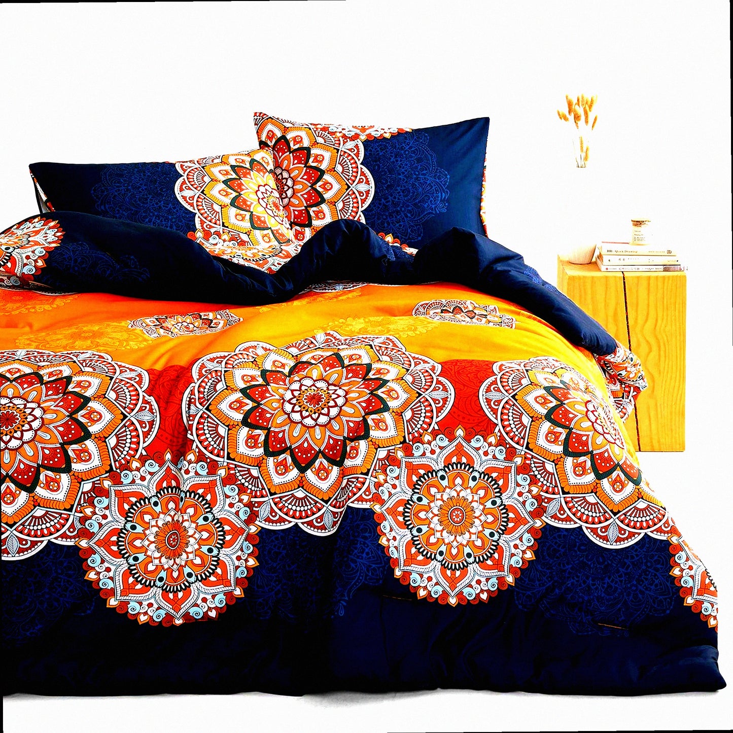 BohoFloral Medallion Comforter Set - Orange Navy Blue Chic Bedding, Soft Microfiber 3pcs, Queen Size - Cozy Bohemian Bedroom Decor
