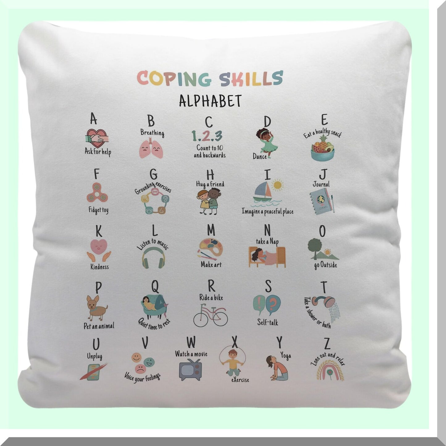 Calm Corner Kids Grounding Exercises Throw Pillow Cover - Mental Health Coping Skills ABC Alphabet Decor Gift for School Counseling, Therapy Office - 18x18 Inches