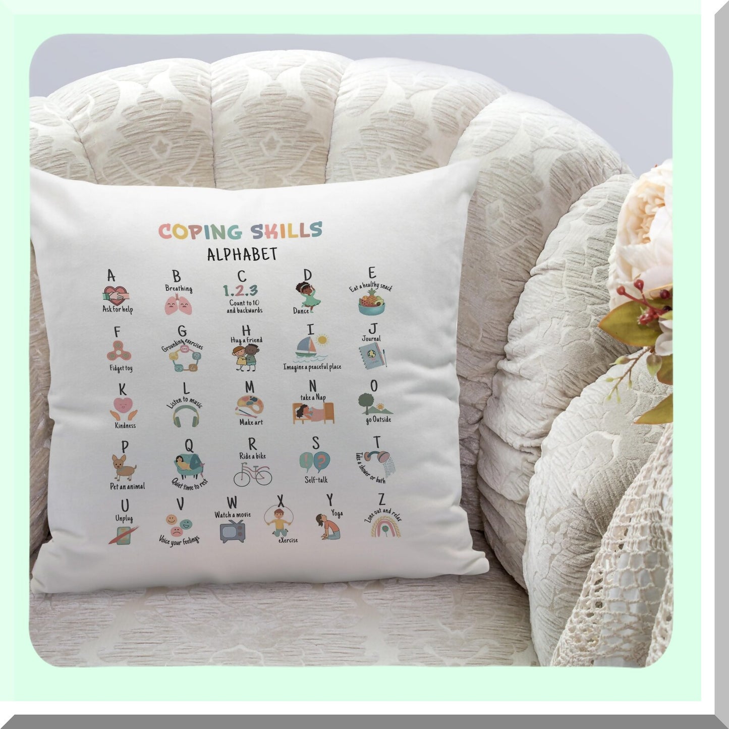Calm Corner Kids Grounding Exercises Throw Pillow Cover - Mental Health Coping Skills ABC Alphabet Decor Gift for School Counseling, Therapy Office - 18x18 Inches