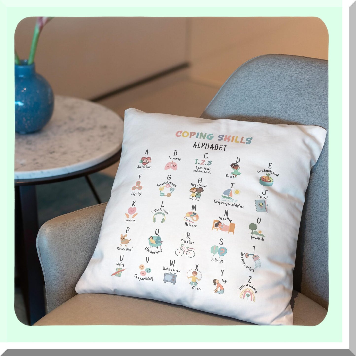 Calm Corner Kids Grounding Exercises Throw Pillow Cover - Mental Health Coping Skills ABC Alphabet Decor Gift for School Counseling, Therapy Office - 18x18 Inches