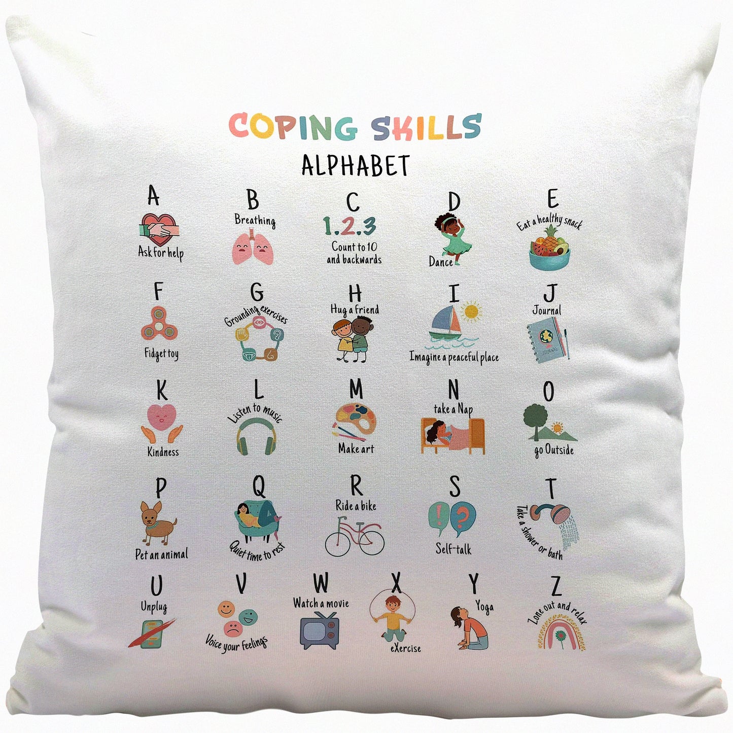 Calm Corner Kids Grounding Exercises Throw Pillow Cover - Mental Health Coping Skills ABC Alphabet Decor Gift for School Counseling, Therapy Office - 18x18 Inches