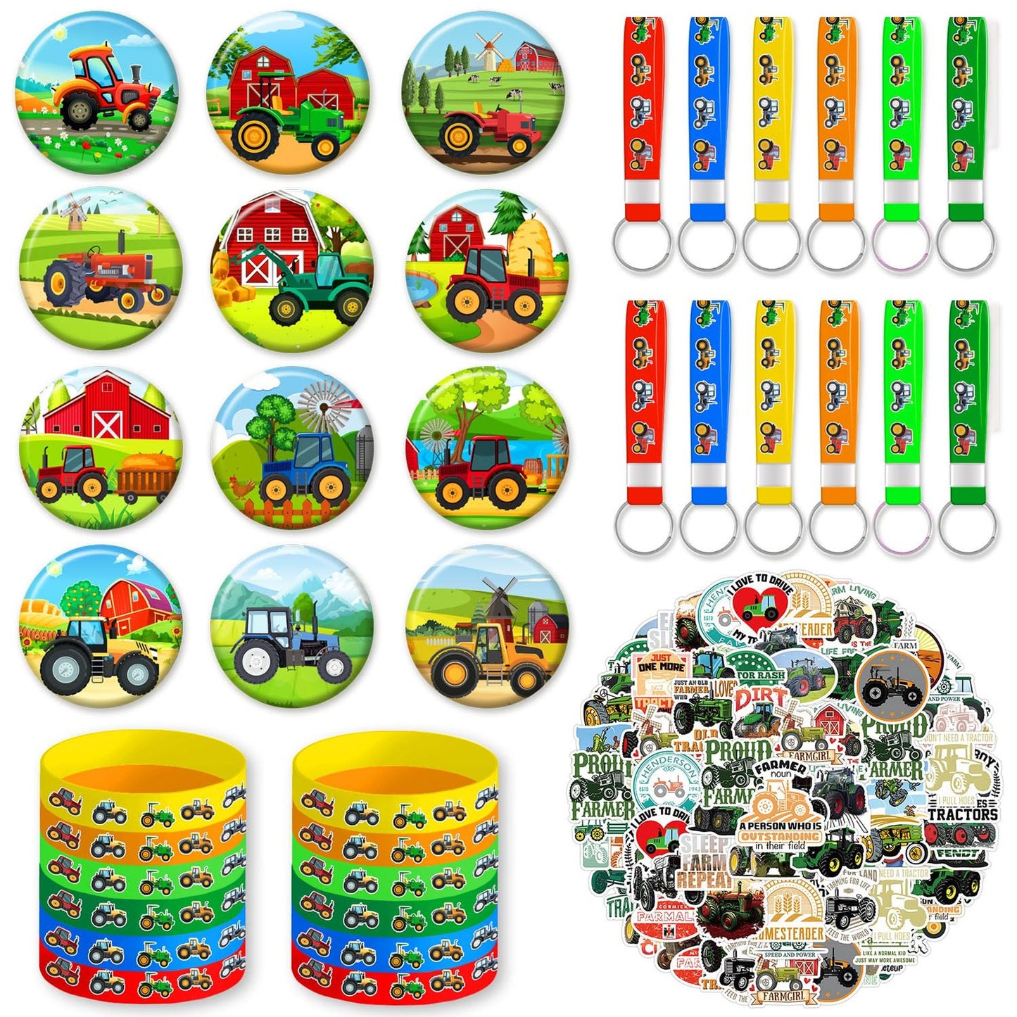 Tractor Fun Pack - Bracelets, Button Pins, Key Chains, Stickers - John Deere Birthday Party Supplies - Set of 12 each, 50 Stickers included