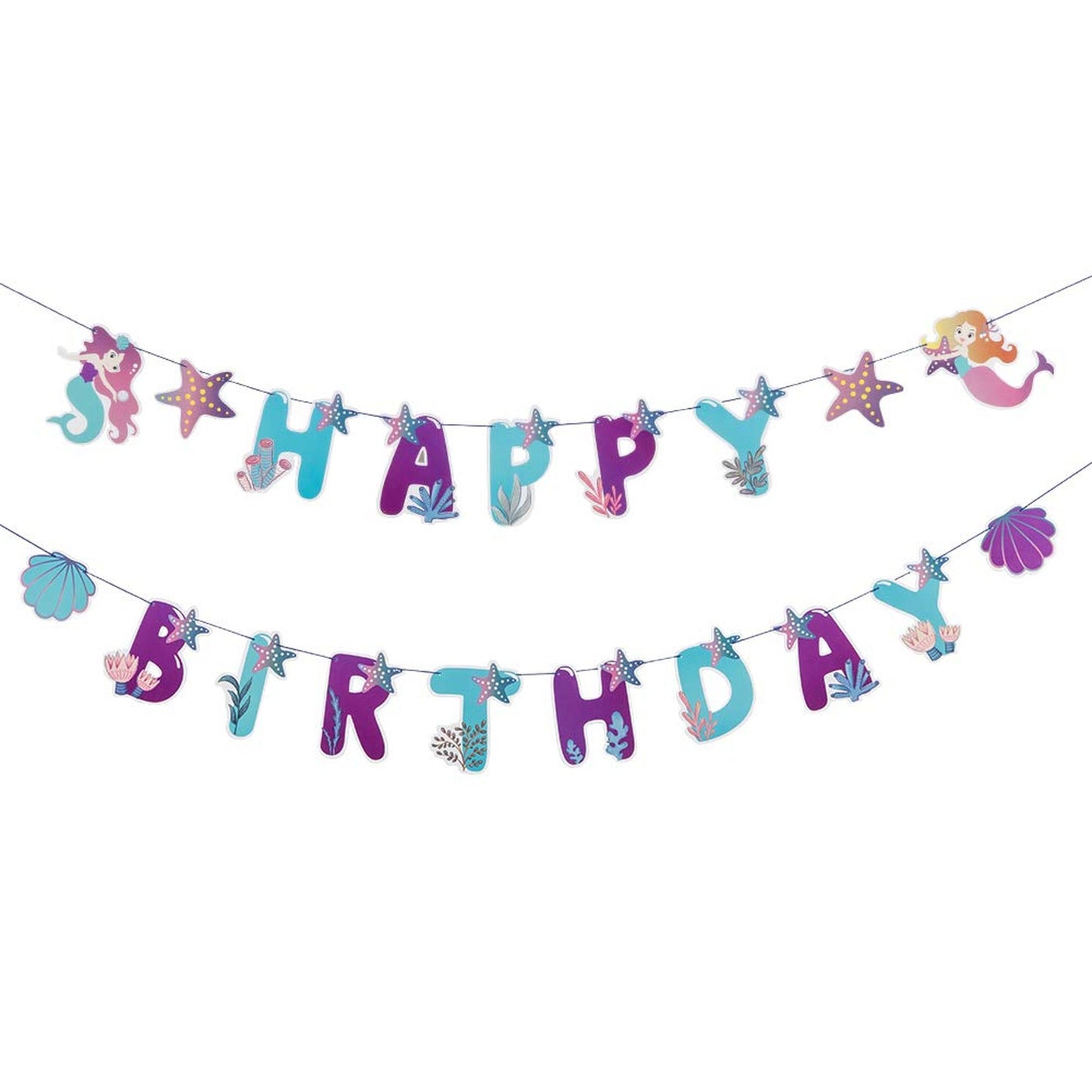 Mermaid Ocean Party Banner - Happy Birthday Decorations for Girls - Little Mermaid Theme - Baby Shower Supplies - Pre-Strung - Under the Sea