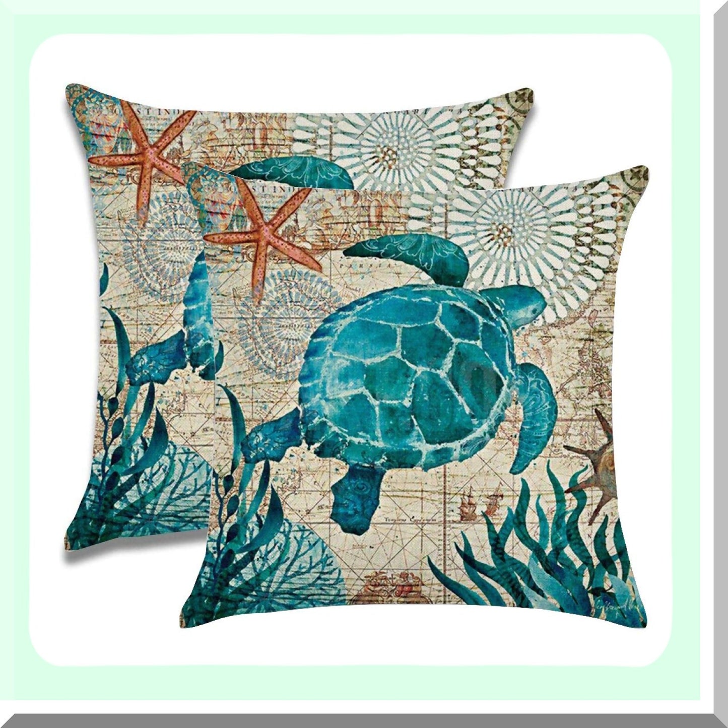 Sea Turtle Paradise Pillow Covers - Set of 2 Ocean Theme Decorative Cushion Cases for Patio Sofa & Couch, 18x18 Throw Pillow Covers