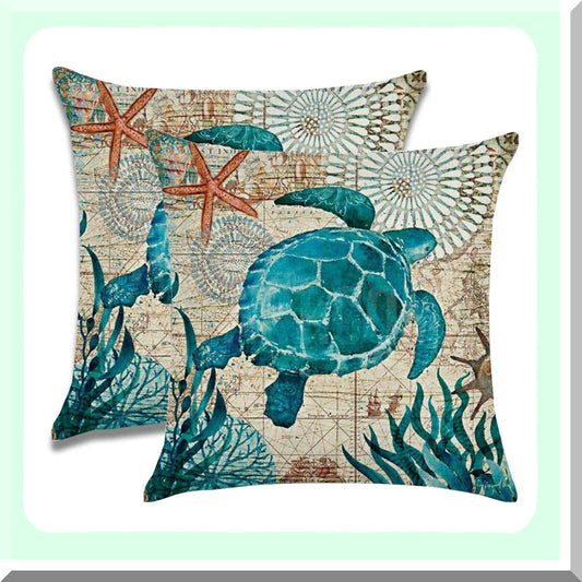 Sea Turtle Paradise Pillow Covers - Set of 2 Ocean Theme Decorative Cushion Cases for Patio Sofa & Couch, 18x18 Throw Pillow Covers