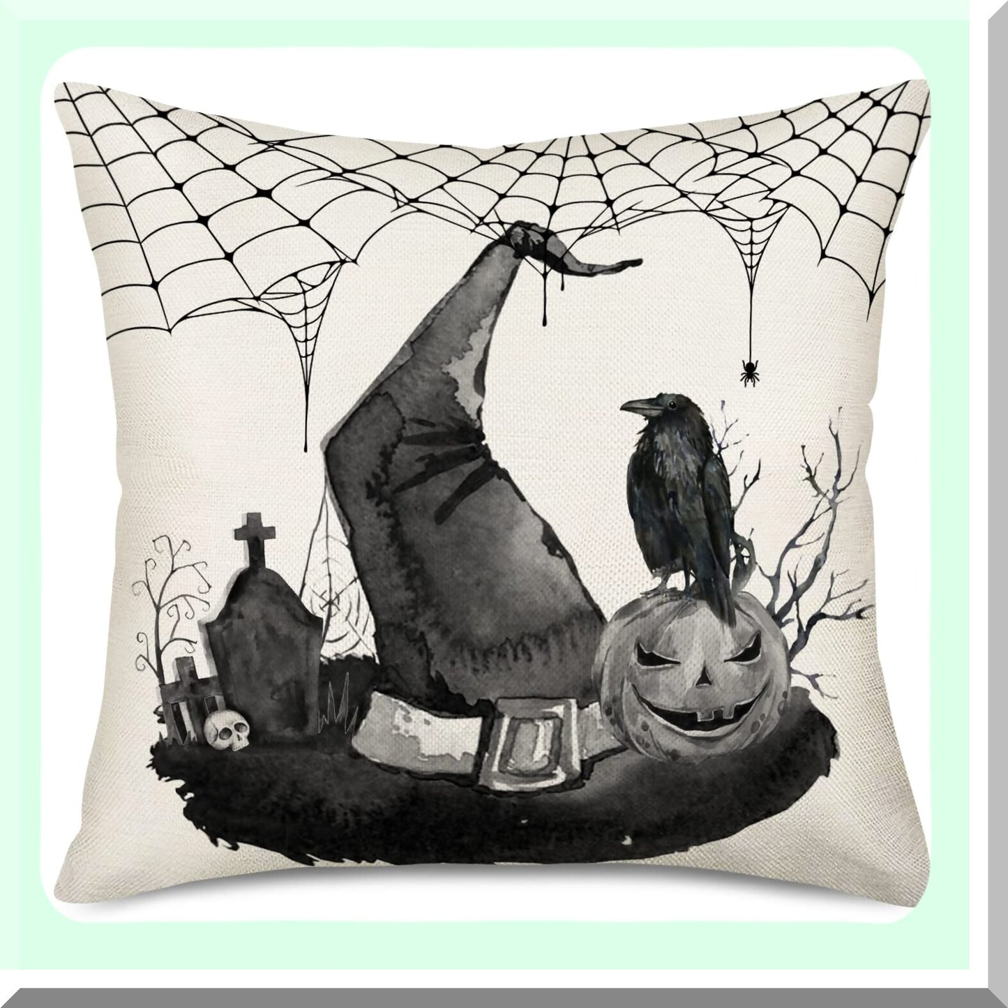 Fall Harvest Pillow Covers 18x18 - Pumpkin Crow Grave Spider Web Decorative Throw Pillows - Black and White Indoor Cushion Cases - Linen Zippered Pillowcase