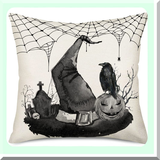 Fall Harvest Pillow Covers 18x18 - Pumpkin Crow Grave Spider Web Decorative Throw Pillows - Black and White Indoor Cushion Cases - Linen Zippered Pillowcase