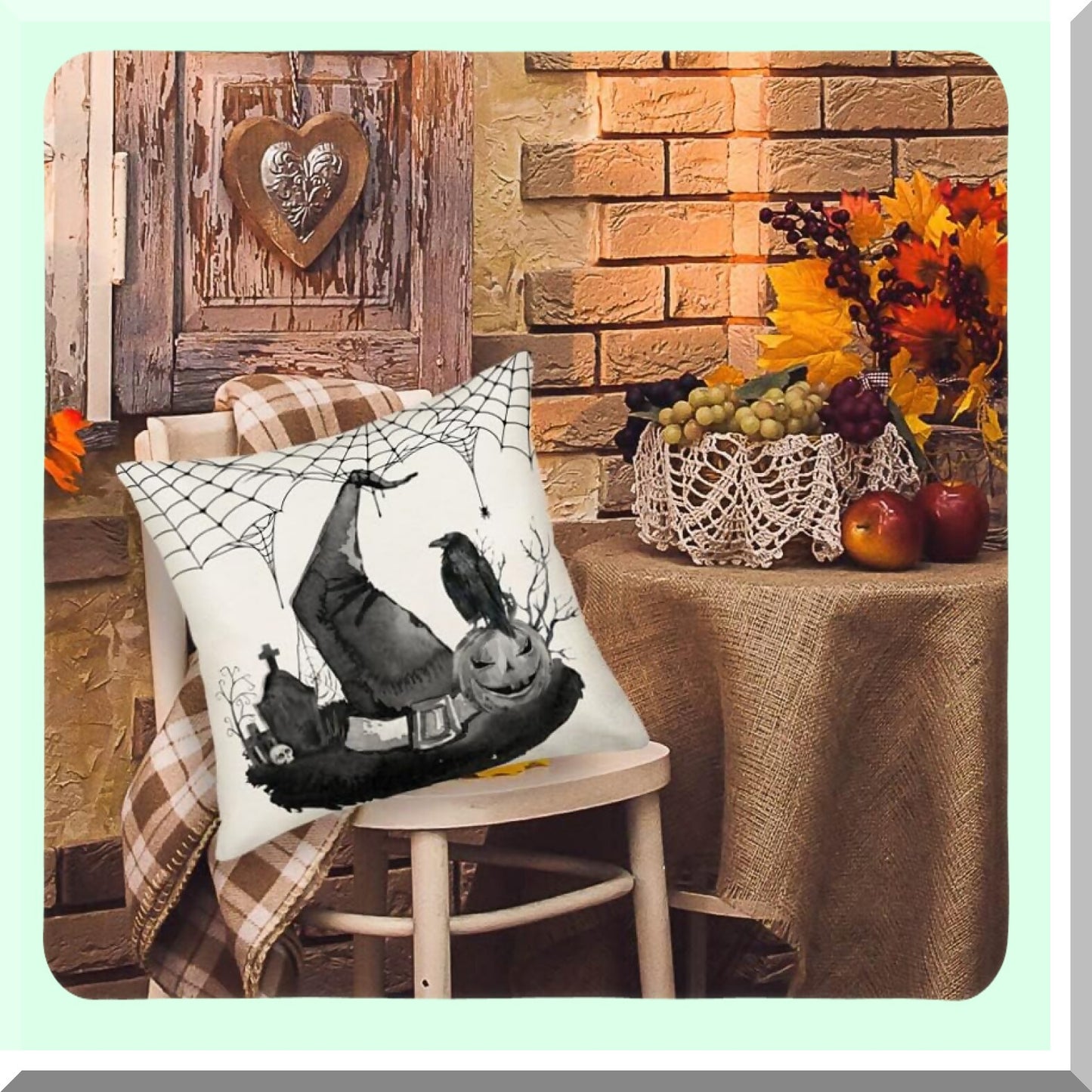 Fall Harvest Pillow Covers 18x18 - Pumpkin Crow Grave Spider Web Decorative Throw Pillows - Black and White Indoor Cushion Cases - Linen Zippered Pillowcase