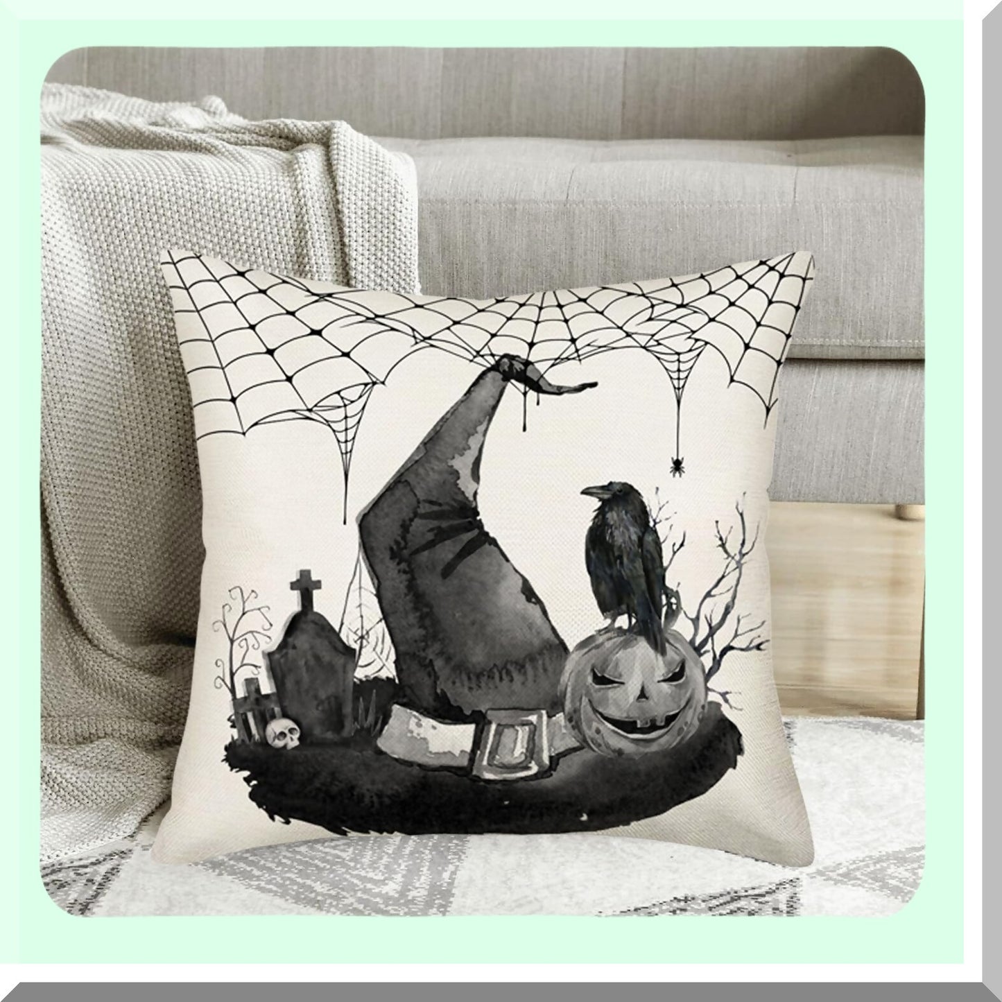 Fall Harvest Pillow Covers 18x18 - Pumpkin Crow Grave Spider Web Decorative Throw Pillows - Black and White Indoor Cushion Cases - Linen Zippered Pillowcase