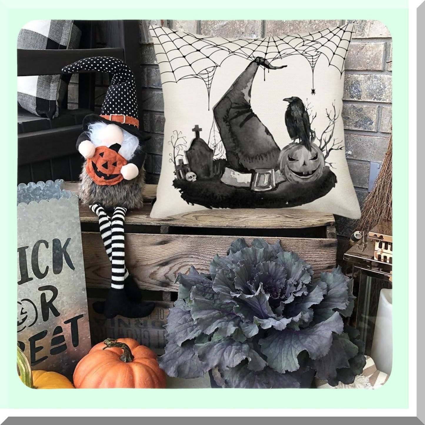 Fall Harvest Pillow Covers 18x18 - Pumpkin Crow Grave Spider Web Decorative Throw Pillows - Black and White Indoor Cushion Cases - Linen Zippered Pillowcase