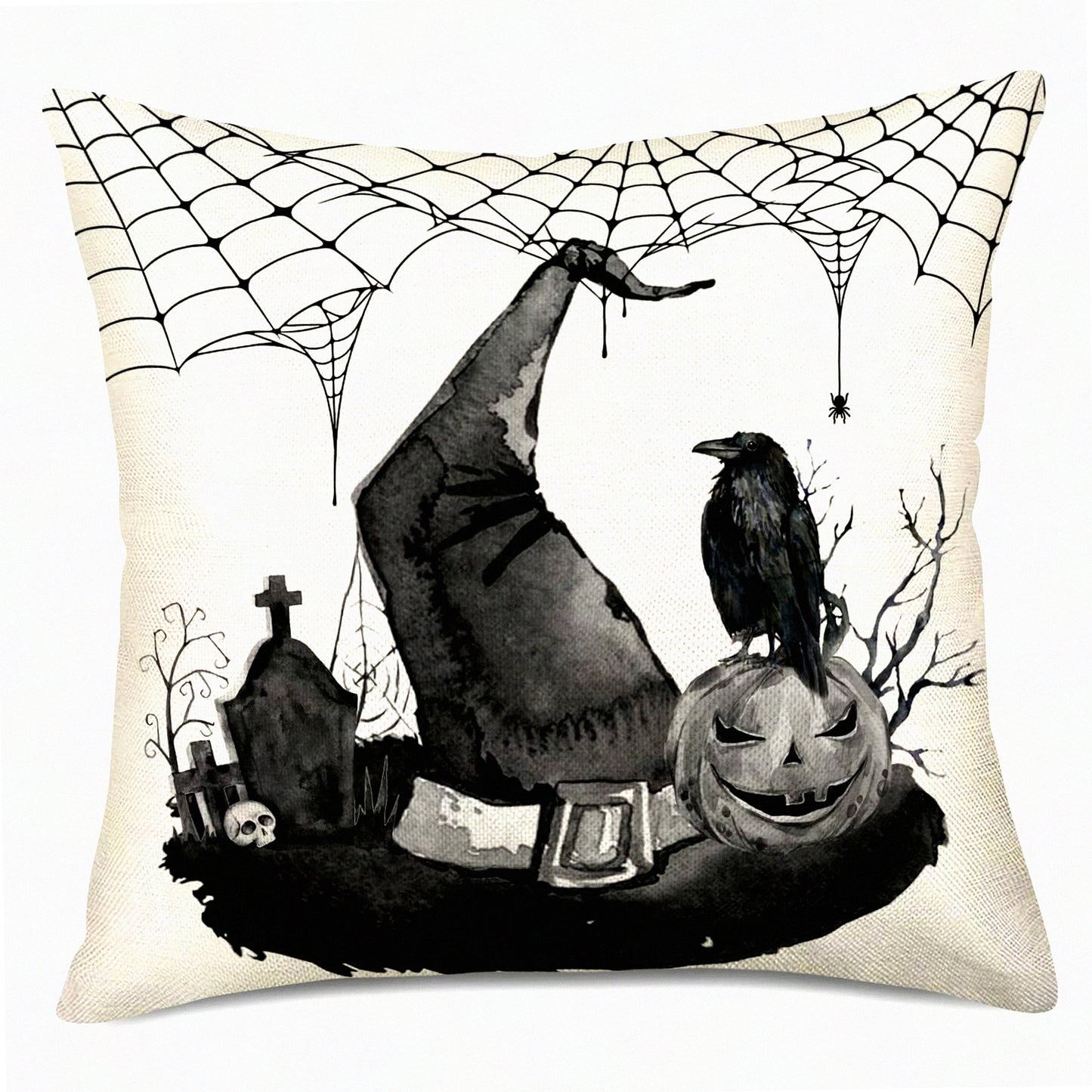 Fall Harvest Pillow Covers 18x18 - Pumpkin Crow Grave Spider Web Decorative Throw Pillows - Black and White Indoor Cushion Cases - Linen Zippered Pillowcase