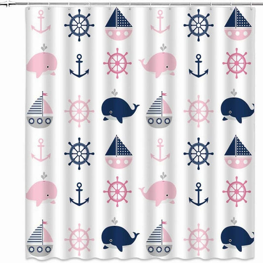 Cartoon Whale Shower Curtain Pink Gray Blue 70x70
