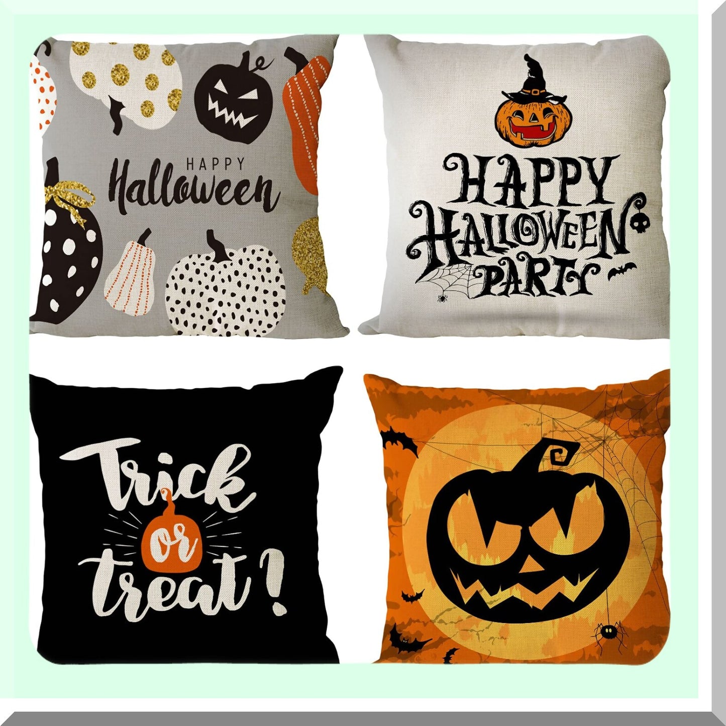 Halloween Pumpkin Decor Pillow Covers Set - Trick or Treat Black Cushion Cases for Home Outdoor Sofa Couch - 16x16 Inch Linen Square Throw Pillows