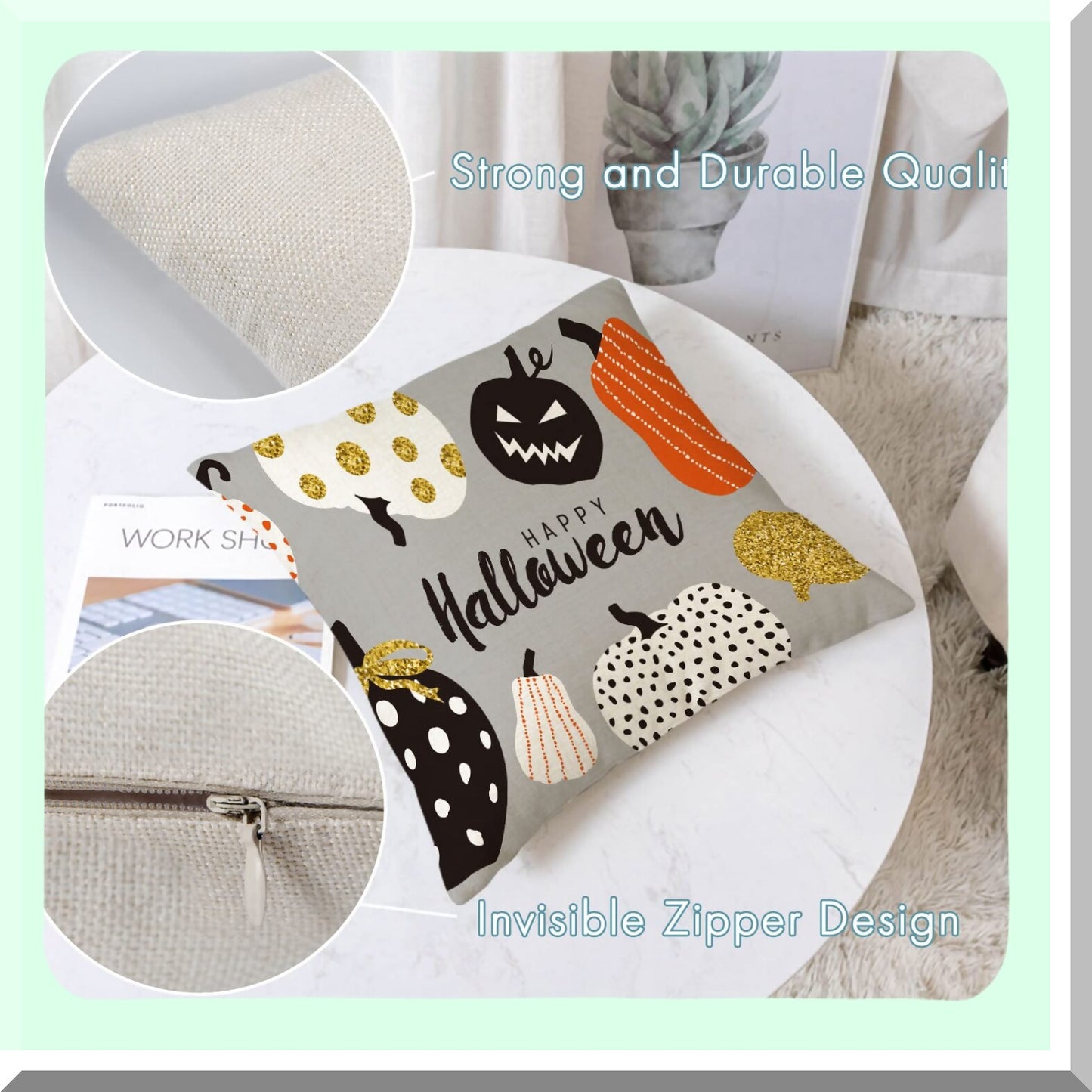 Halloween Pumpkin Decor Pillow Covers Set - Trick or Treat Black Cushion Cases for Home Outdoor Sofa Couch - 16x16 Inch Linen Square Throw Pillows