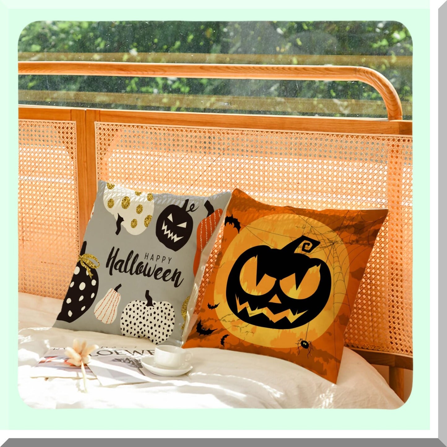 Halloween Pumpkin Decor Pillow Covers Set - Trick or Treat Black Cushion Cases for Home Outdoor Sofa Couch - 16x16 Inch Linen Square Throw Pillows