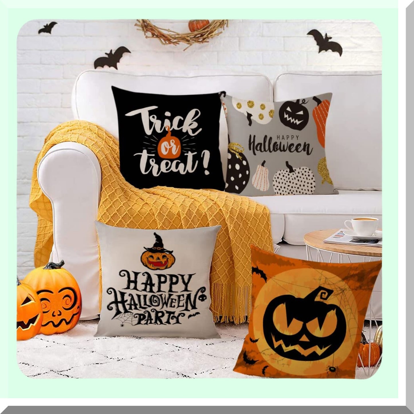 Halloween Pumpkin Decor Pillow Covers Set - Trick or Treat Black Cushion Cases for Home Outdoor Sofa Couch - 16x16 Inch Linen Square Throw Pillows