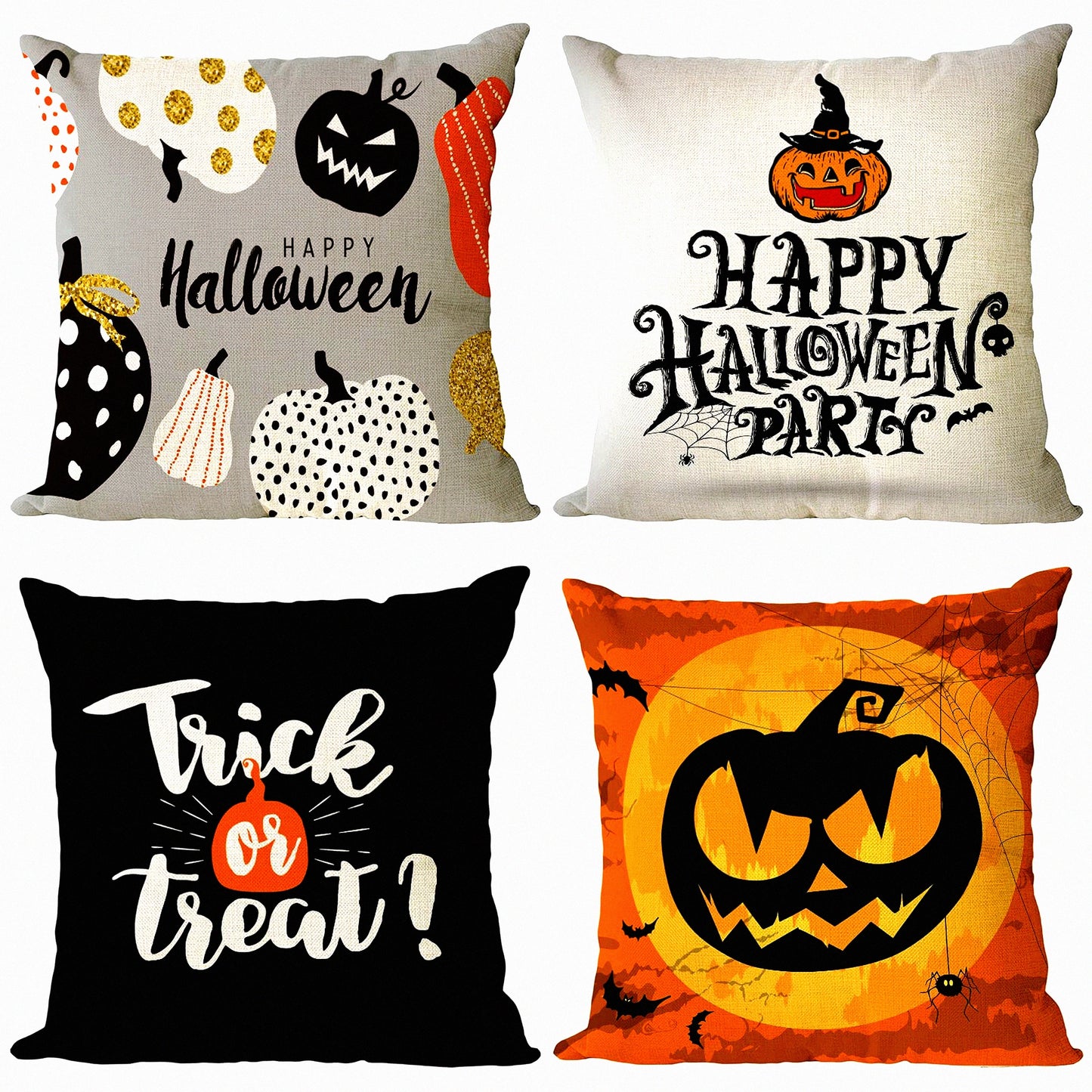 Halloween Pumpkin Decor Pillow Covers Set - Trick or Treat Black Cushion Cases for Home Outdoor Sofa Couch - 16x16 Inch Linen Square Throw Pillows