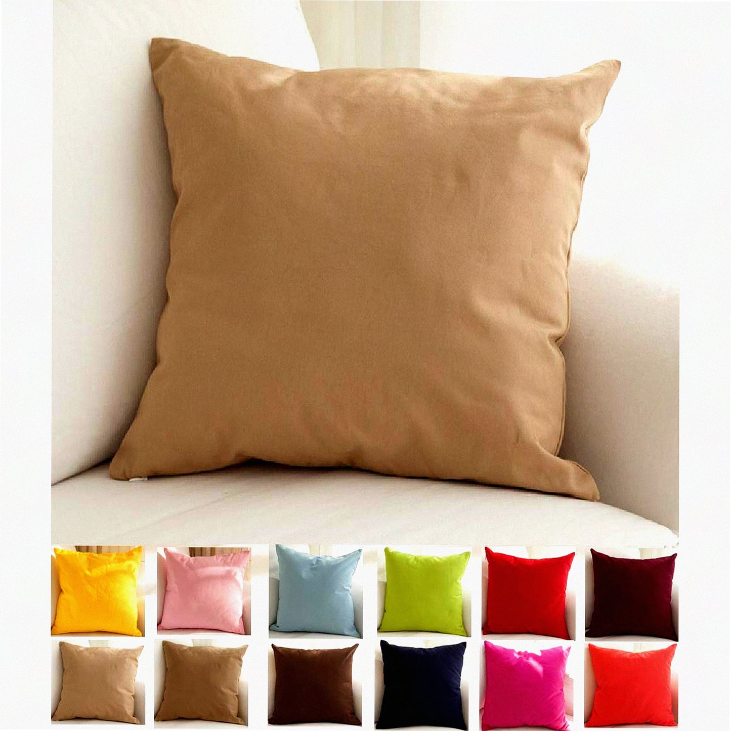 Cotton Canvas Cozy Cushion Covers - Set of 2 Decorative Throw Pillow Cases in Khaki, 16x16 inches, 45 Color Options Available for Home Decor