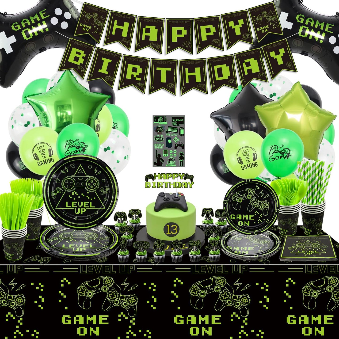 Game On Ultimate Party Pack - 219Pcs Video Game Decorations Set with Plates, Napkins, Cups, Banner, Balloons, Glow Stickers - Perfect for Boys Birthday Party