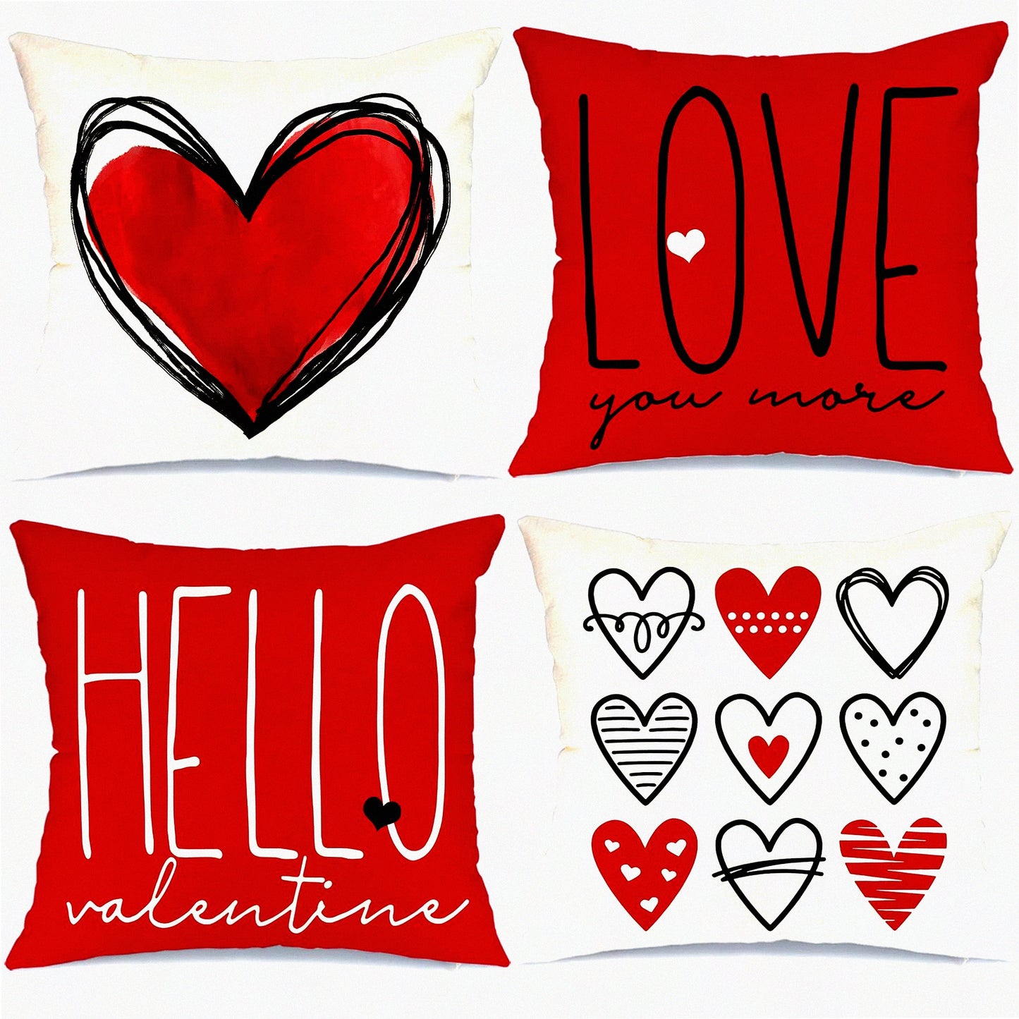 Love Heart Pillow Set - 18x18 Decorative Throw Pillows for Valentines Day Decorations - Set of 4 Red Love You More Pillow Covers